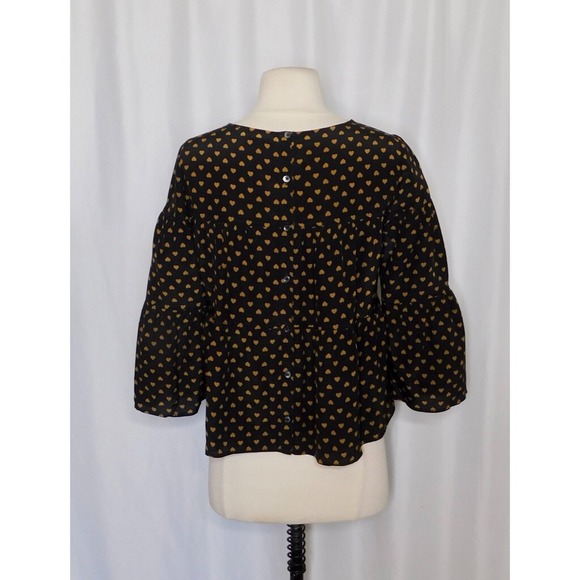 MADEWELL Silk Black Gold Heart Flip Button Back Tiered Top Blouse X-Small - Picture 10 of 16